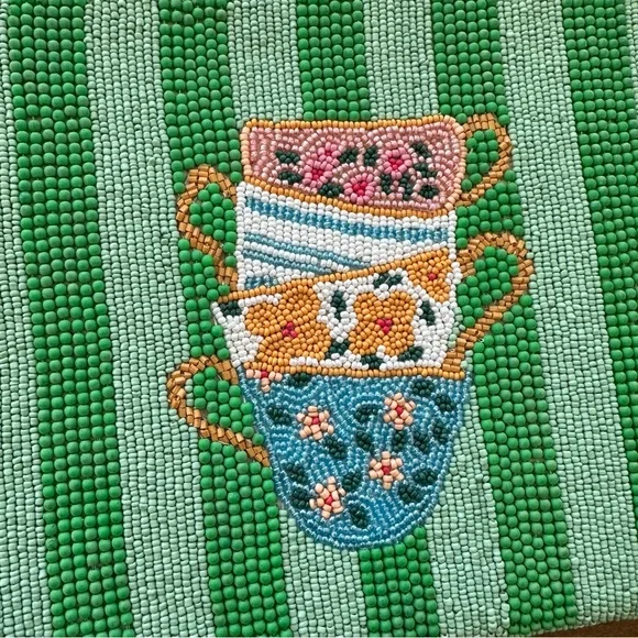 NEW Anthropologie Fiona Green Beaded Tassel Zip Clutch Bag Pouch Teacup Design - Picture 3 of 7